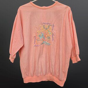 Vintage 80s Abstract Peach Sweatshirt Embroidered Top size L New Wave Memphis